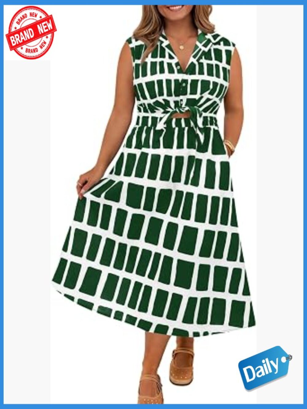 Boho Printed Plus Size Midi Dress V Neck Sleeveless with Pockets